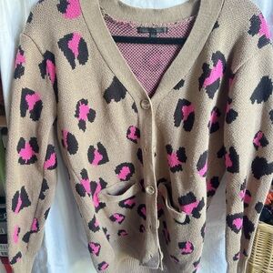 Lucca Couture Tan and Pink Leopard Cardigan